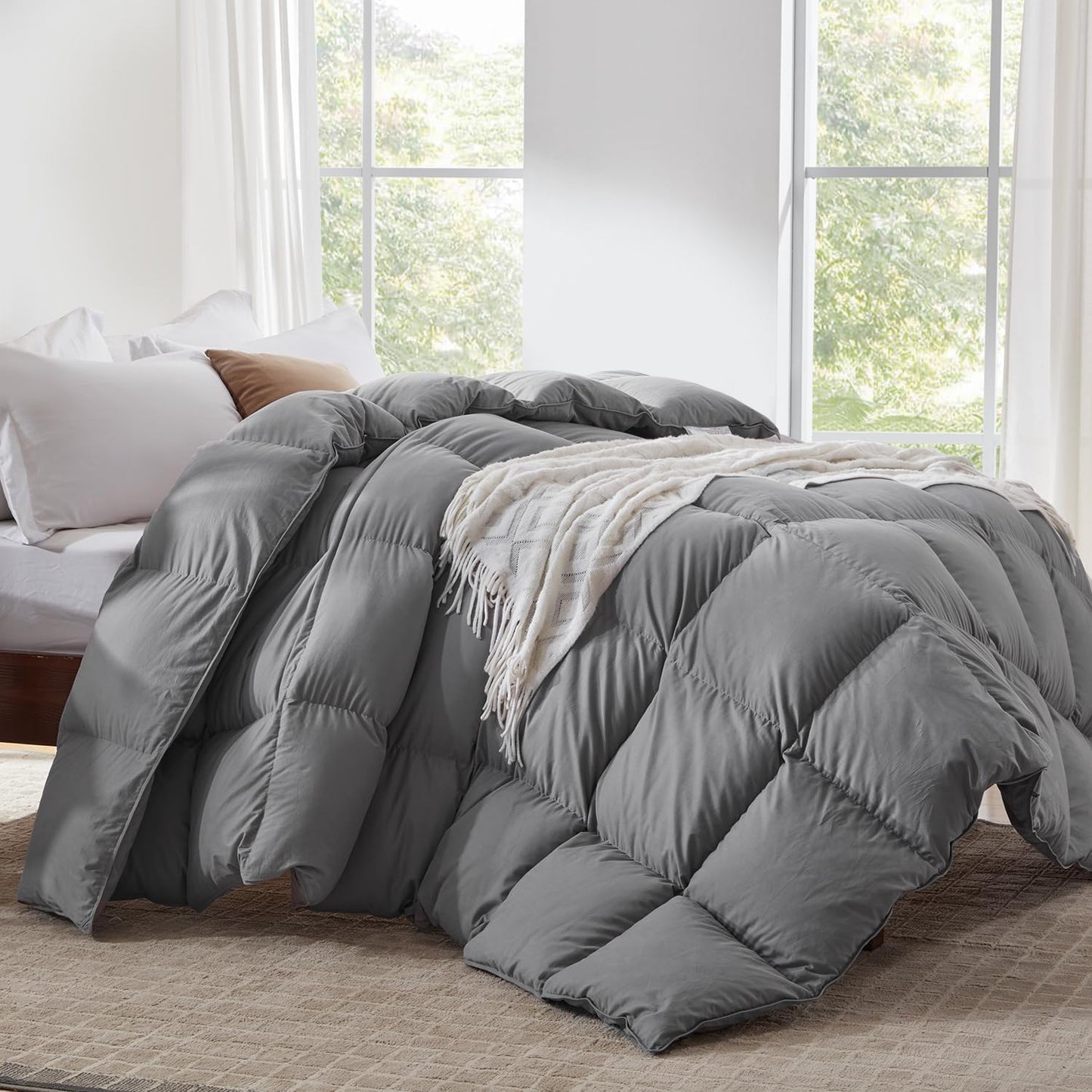 Globon Down Comforter All Season,Ultra-Soft Cotton Shell,680 Fill Power, Medium Warmth , Grey