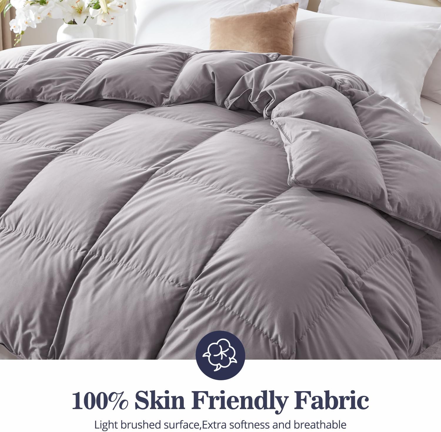 Globon Down Comforter All Season,Ultra-Soft Cotton Shell,680 Fill Power, Medium Warmth , Grey