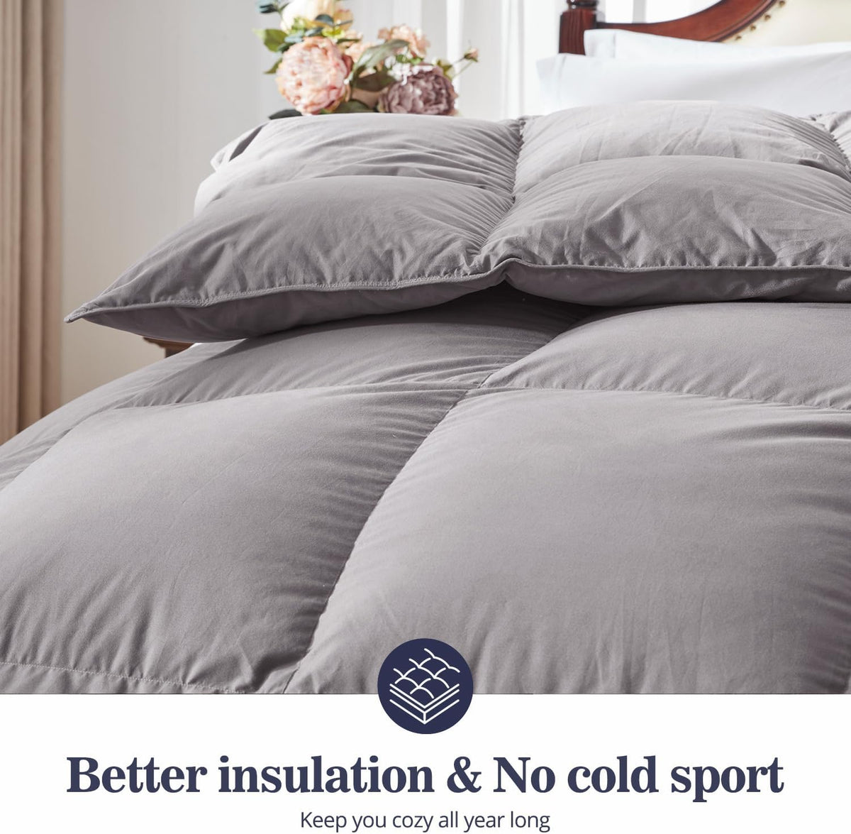 Globon Down Comforter All Season,Ultra-Soft Cotton Shell,680 Fill Power, Medium Warmth , Grey