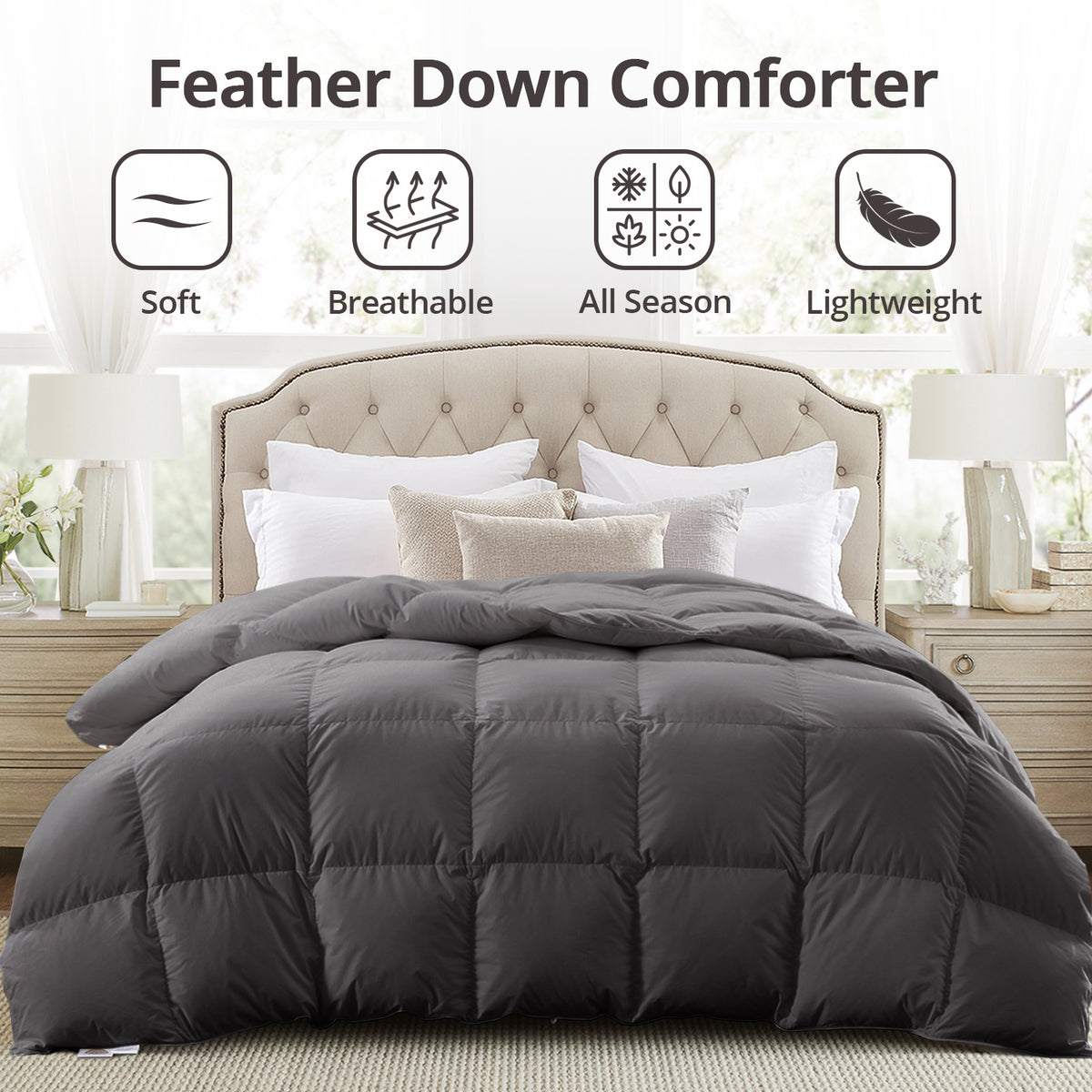 Globon Feather Down Comforter All Season, 100% Cotton Shell, Dark Grey