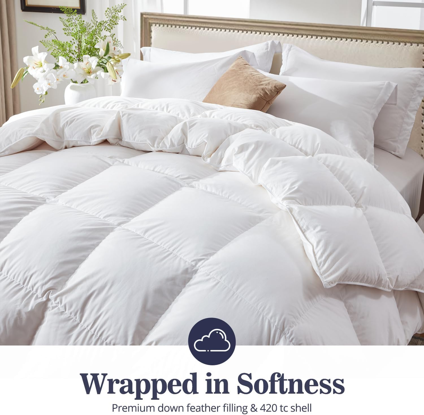 Globon Ultra-Soft Down Feather Comforter ,Luxurious Hotel Collection Fluffy Duvet Insert for All Season,Noiseless Shell,700 Filling Power,Medium Weight with Corner Tabs, White