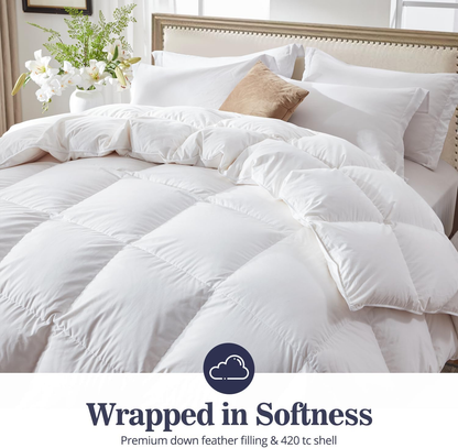 Globon Ultra-Soft Down Feather Comforter ,Luxurious Hotel Collection Fluffy Duvet Insert for All Season,Noiseless Shell,700 Filling Power,Medium Weight with Corner Tabs, White