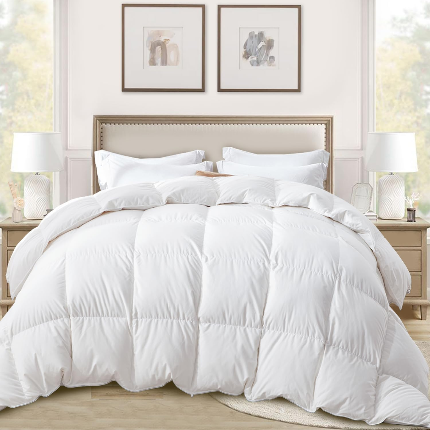 Globon Ultra-Soft Down Feather Comforter ,Luxurious Hotel Collection Fluffy Duvet Insert for All Season,Noiseless Shell,700 Filling Power,Medium Weight with Corner Tabs, White
