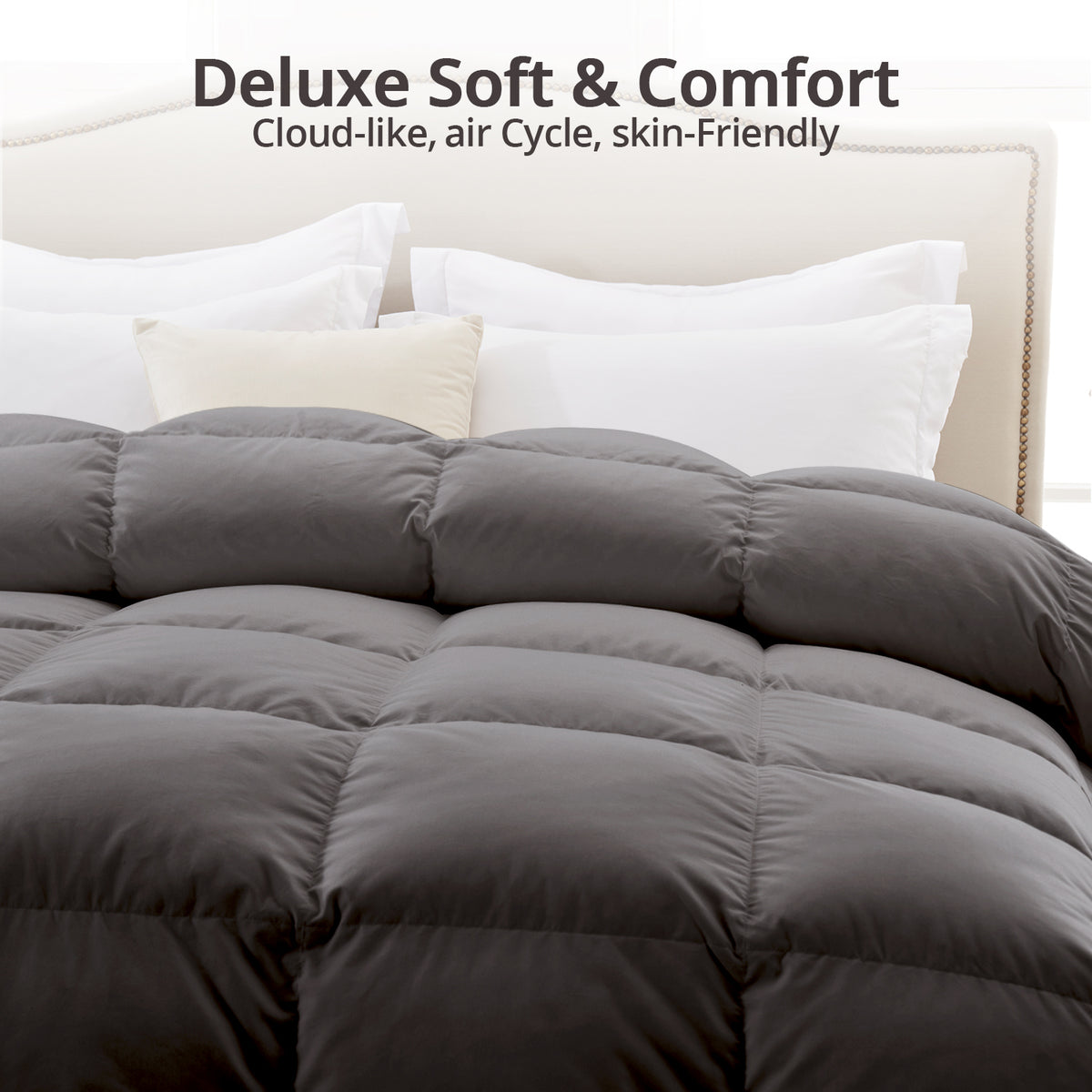 Globon Feather Down Comforter All Season, 100% Cotton Shell, Dark Grey