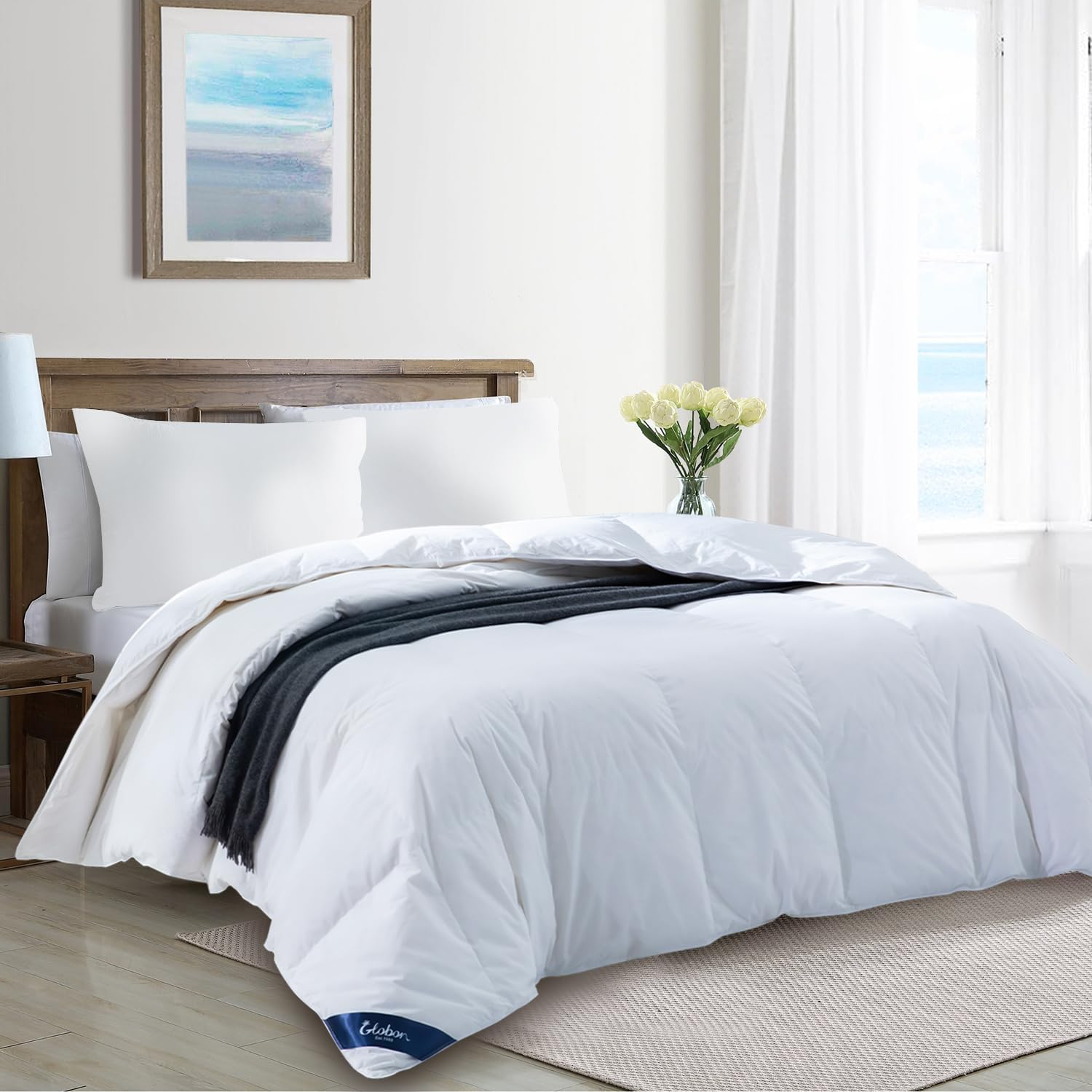 Globon Ultra-Soft Lightweight Down Feather Comforter, Hot Sleeper/Warm Weather,Noiseless Shell,700 Fill Power with Corner Tabs,White…