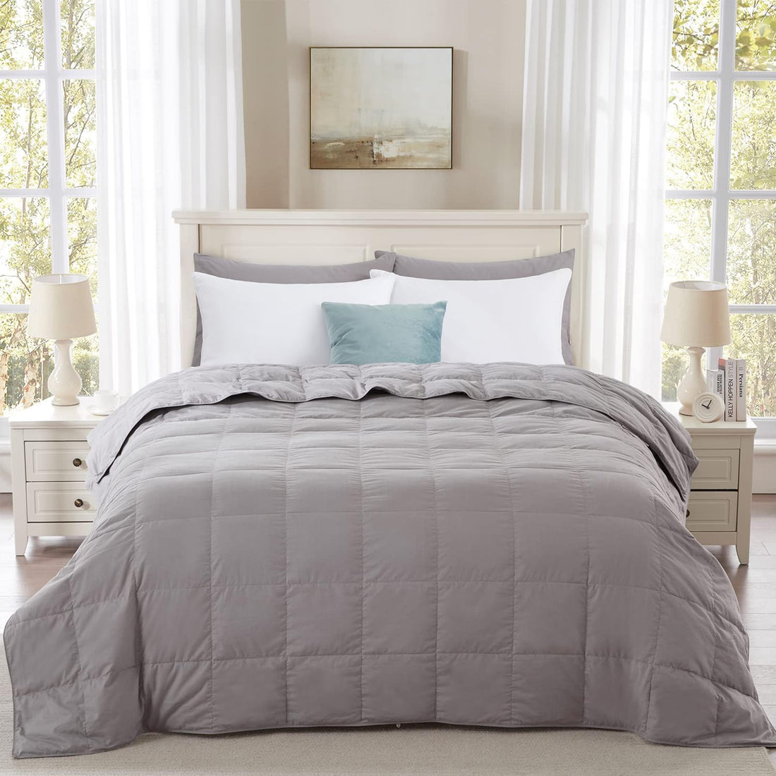 Globon Summer Down Blanket , Extra Lightweight  for Hot Sleepers, Noiseless &amp; Extra Soft,12 Ounce Fill Weight, Grey