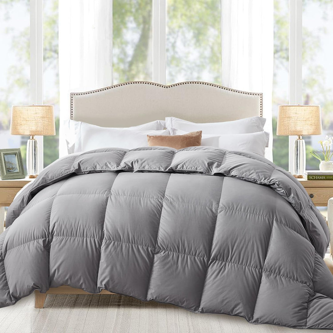 Globon Down Comforter All Season,Ultra-Soft Cotton Shell,680 Fill Power, Medium Warmth , Grey