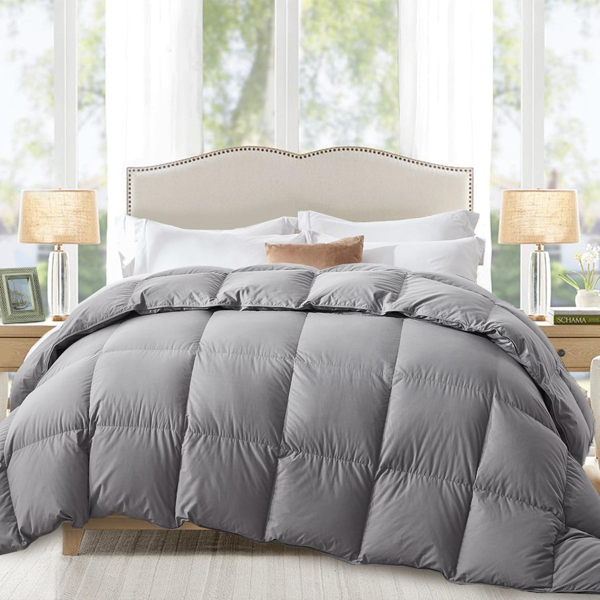 Globon Down Comforter All Season,Ultra-Soft Cotton Shell,680 Fill Power, Medium Warmth , Grey