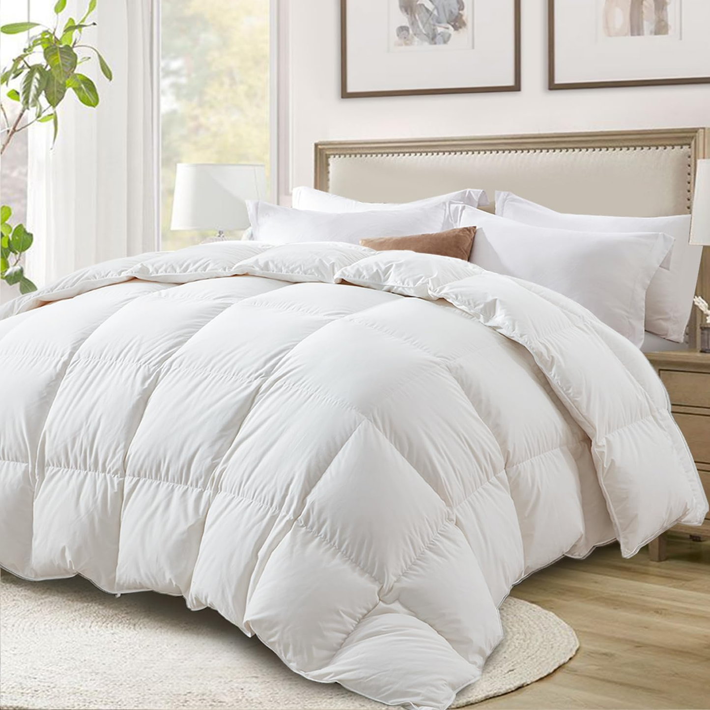 Globon Ultra-Soft Down Feather Comforter ,Luxurious Hotel Collection Fluffy Duvet Insert for All Season,Noiseless Shell,700 Filling Power,Medium Weight with Corner Tabs, White